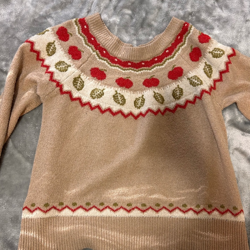 Maurices Tan Sweater with Red and Green Pattern